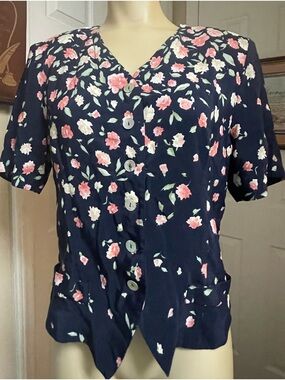 Navy Floral Button-Front Peplum Blouse with Pink & White Flowers & Ties In Back